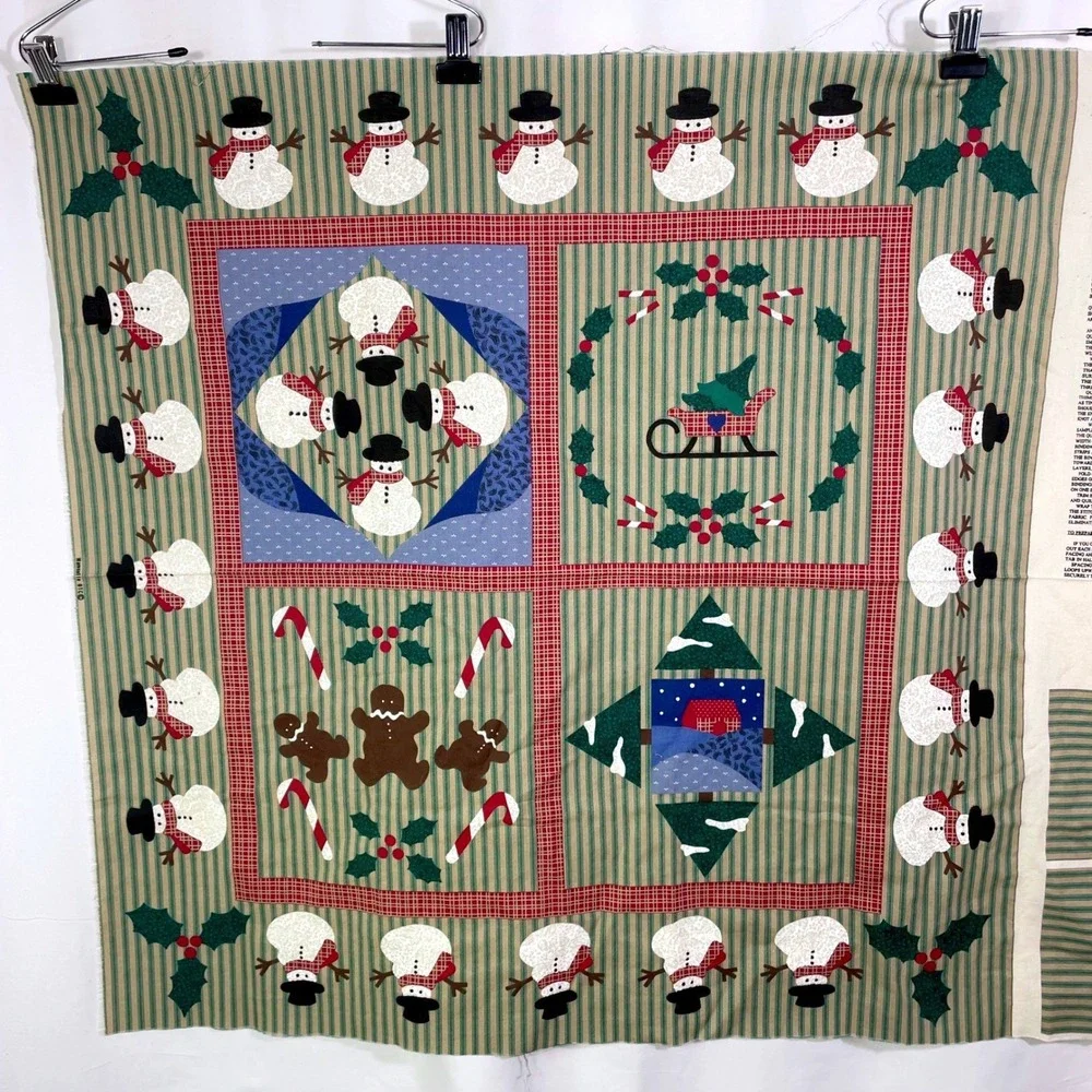 Vtg VIP Cranston Snowman Sampler Quilt Fabric Panel Christmas Gingerbread 35x44
